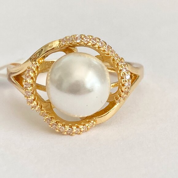 Art Deco Cubic Zirconia White Pearl Cocktail Ring Yellow Gold Plated Size 7 8 9 - Picture 3 of 16